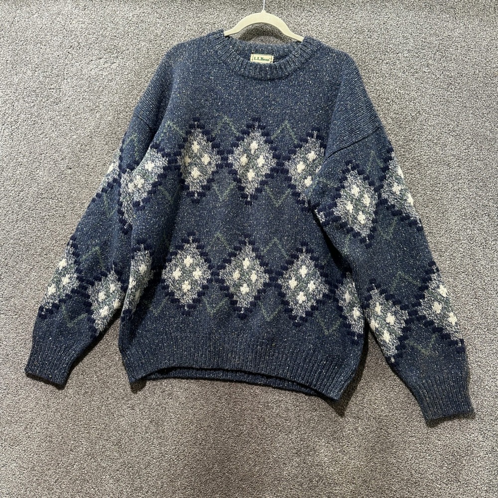 VTG LL Bean Crewneck Sweater Mens XL Blue Wool Silk‎ Argyle Diamond Knit Cabin